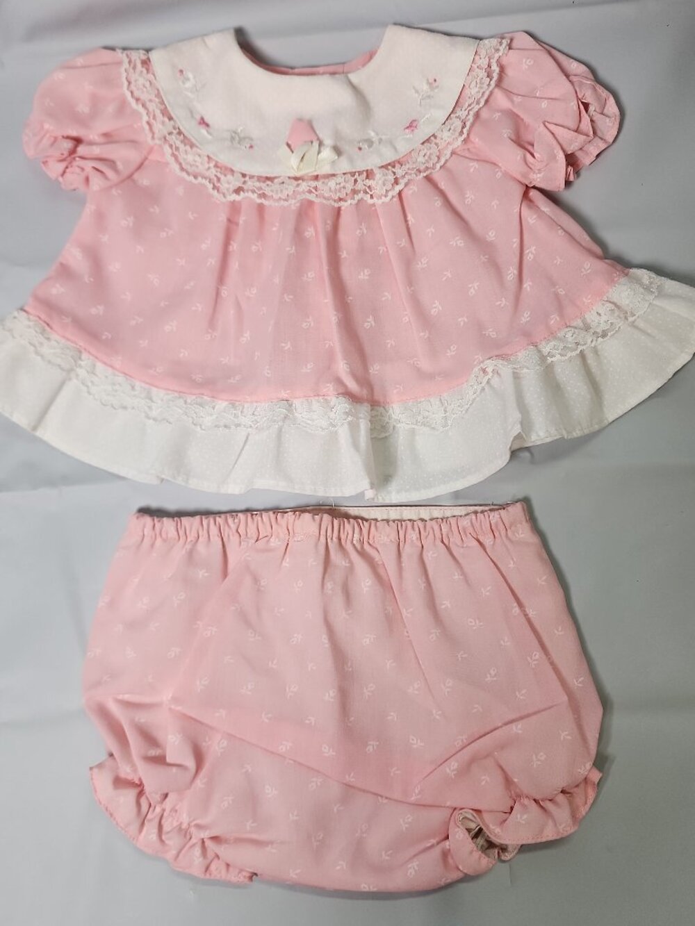 Vtg 80s Mayfair Baby Girl Pink Lace Dress Bloomer Set Ruffle Coquette Newborn